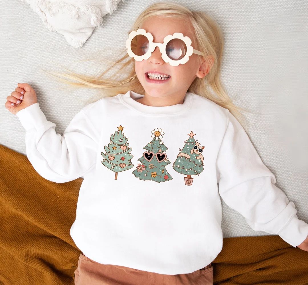 Christmas Sweatshirt for Kids Holiday Groovy Christmas Trees - Etsy | Etsy (US)
