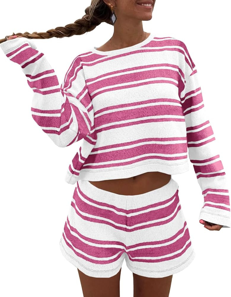 Langwyqu Womens Striped Pajama Sets Long Sleeve Crewneck Sweater Top and Shorts 2 Piece Outfits L... | Amazon (US)