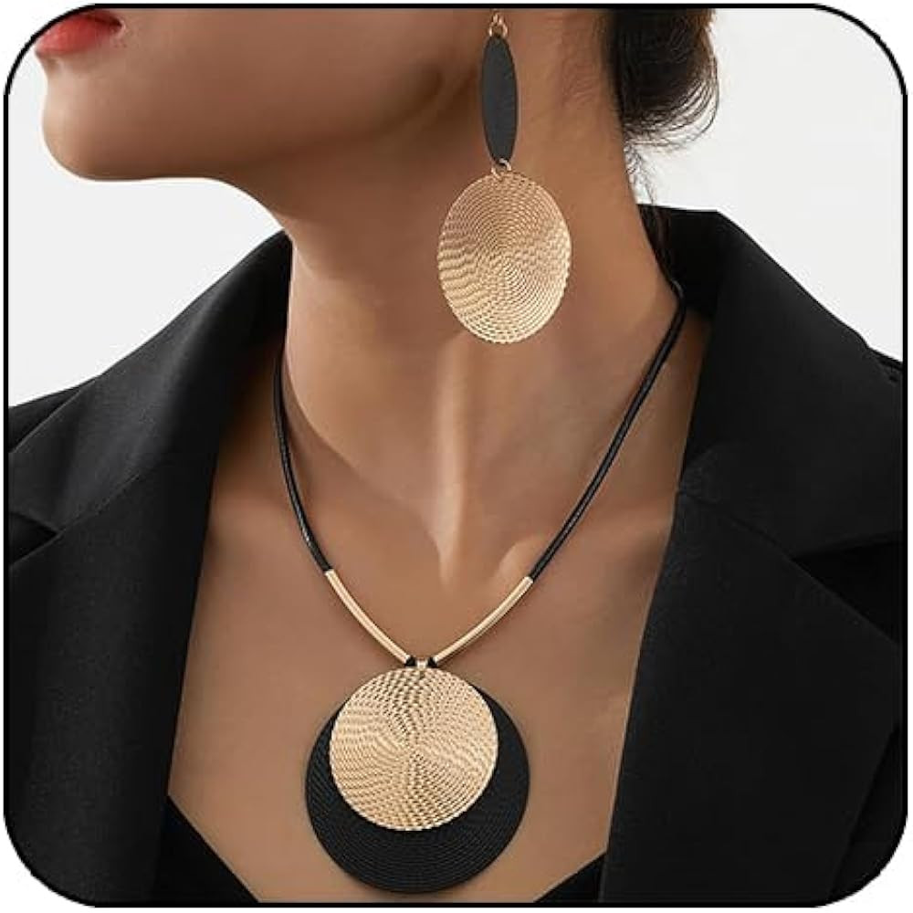 Gold Disc Pendant Necklace Earrings Set Leather Cord Black Circle Statement Necklaces Geometric T... | Amazon (US)
