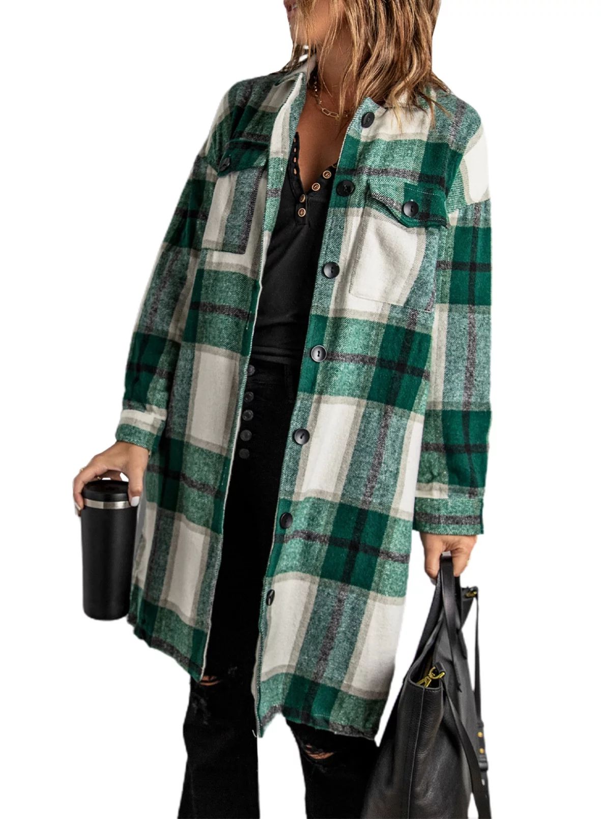 Eytino Womens Long Sleeve Plaid Shirts Lapel Button Down Shacket Jacket Coats | Walmart (US)