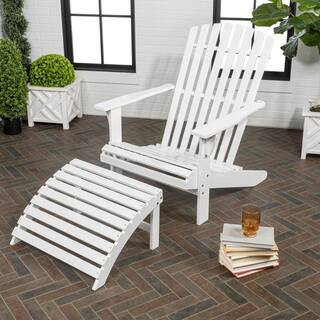 JONATHAN Y Saranac White Traditional Rustic Acacia Wood Adirondack Chair with Detachable Ottoman ... | The Home Depot