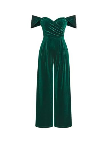 CIDER Women's Velvet Off-shoulder Solid Ruched Jumpsuit: Dark Green, X-Small | Amazon (US)