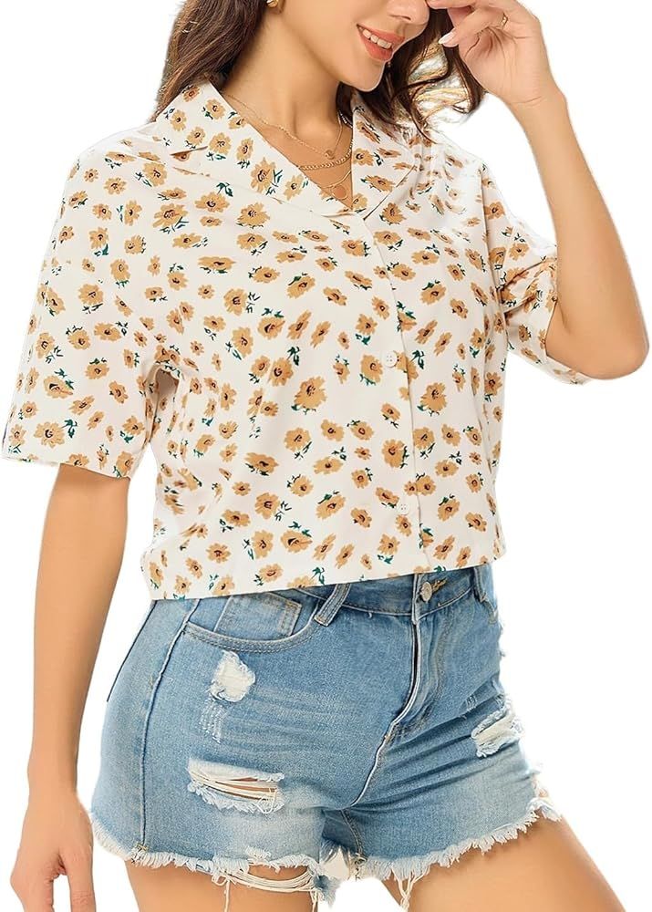 Floerns Women's All Over Print Button Down Short Sleeve Shirt Blouse Crop Top | Amazon (US)