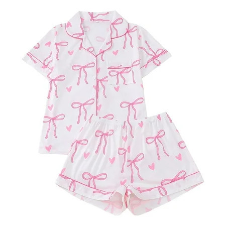 XIYON Pajamas For Women Bow Print Lapel Sleepwear Set And Short Sleeves Two Piece Comfy Loungewear Ladies Sleepwear | Walmart (US)