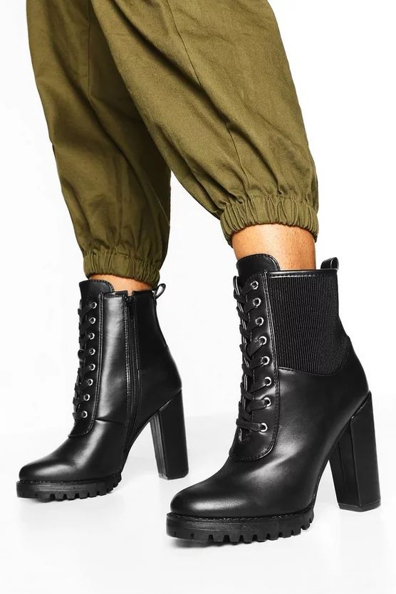 Elastic Gusset Lace Up Block Heel Hiker Boots | Boohoo.com (US & CA)