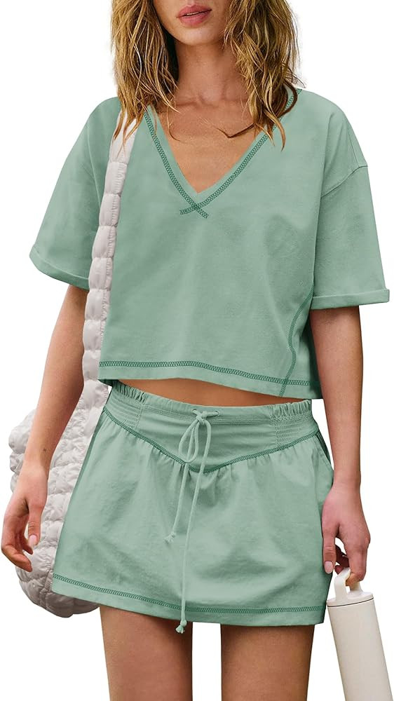 Nirovien Womens 2 Piece Workout Sets Summer Athletic Outfits Short Sleeve Crop Tops and Skirt wit... | Amazon (US)