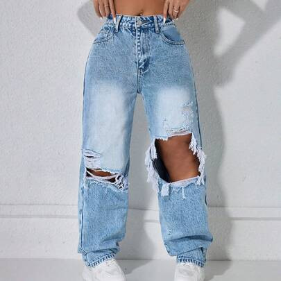High Waist Street Vintage Trending Cassual Basic Black Ripped Vent Waisted Slanted Pocket Slit Straight Leg Boyfriend Women'S Jeans | SHEIN