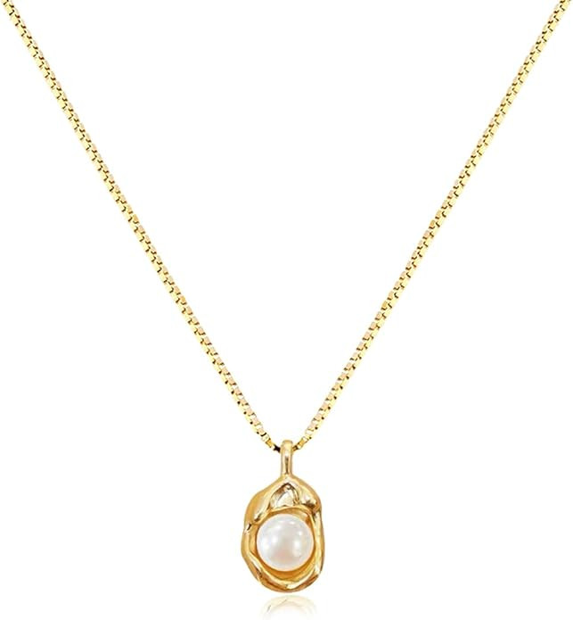 Pearl Necklace 14K Gold Plated Pendant with 6mm Freshwater Pearl Necklaces Gift for Women | Amazon (US)