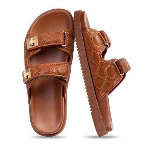 FITORY Women's Flat Sandals Classic Adjustable Double Strap Slip On Casual Summer Slide Size 7.5 Brown | Amazon (US)