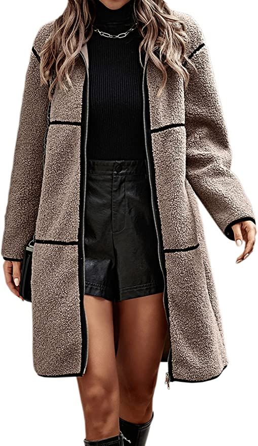 ECOWISH Womens Sherpa Jacket Casual Fleece Fuzzy Coat Long Winter Outwear Patchwork Zipper Cardig... | Amazon (US)