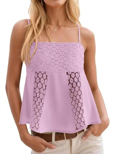 Yousify Womens Spaghetti Strap Tank Tops Summer Lace Crochet Cami Shirts Cute Square Neck Flowy Peplum Camisole Pink | Amazon (US)