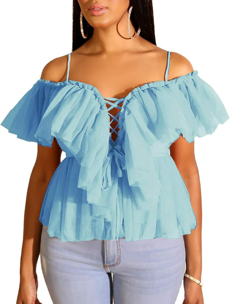 ECDAHICC Womens Sexy Off Shoulder Deep V Neck Tops Lace Up Ruffle Spaghetti Strap Blouse Shirt | Amazon (US)