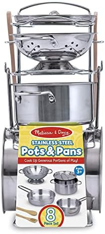 Amazon.com: Melissa & Doug Stainless Steel Pots and Pans Pretend Play Kitchen Set for Kids (8 pcs... | Amazon (US)