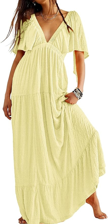 Kikibell Women Summer Dresses Sexy V-Neck Maxi Dress Tiered Silhouette with Flutter Sleeve Backle... | Amazon (US)