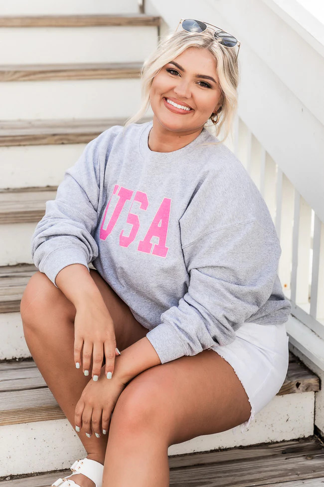 USA Pink Outline Sports Grey Graphic Sweatshirt | Pink Lily