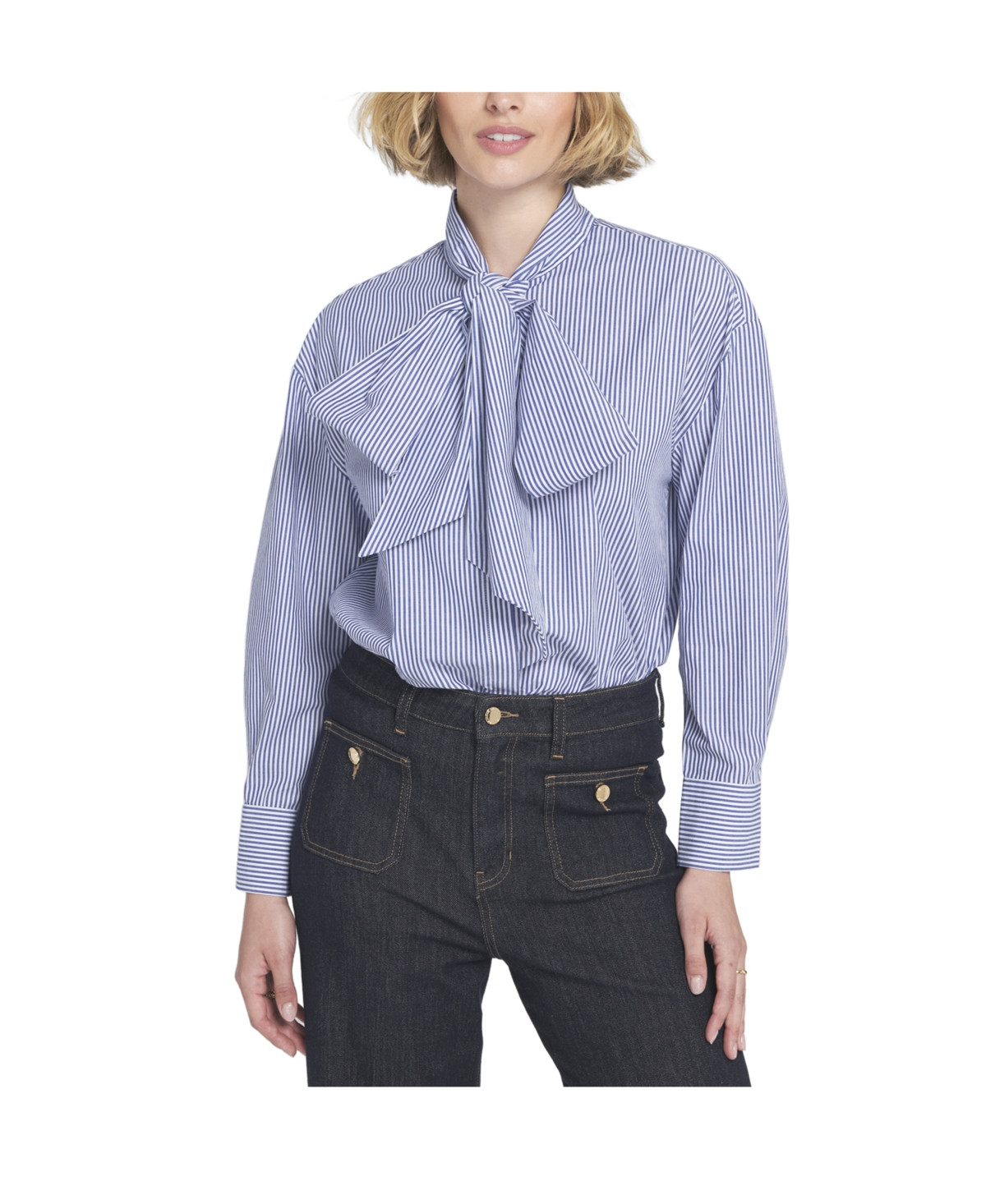 Elle Collection Women's Striped Bow Shirt Blouse Top - Navy | Macy's
