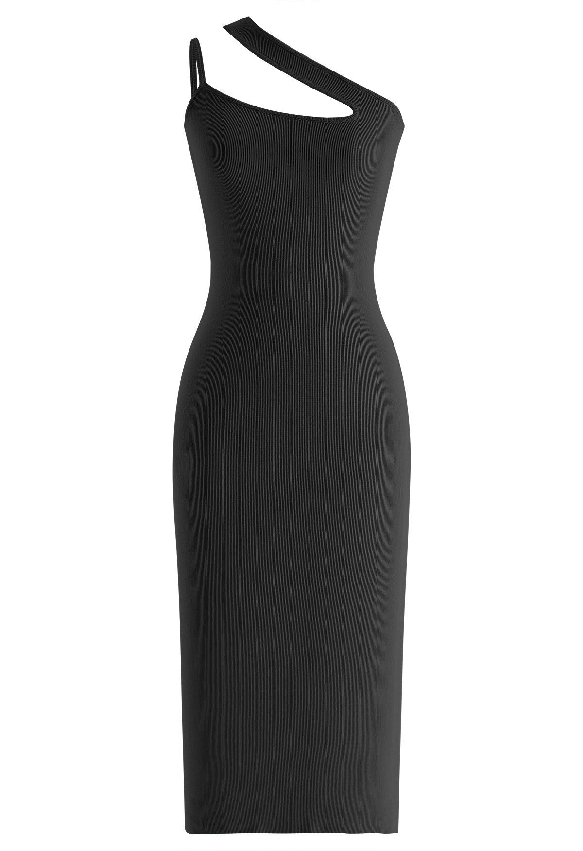 Asymmetric Straps Bodycon Knit Dress in Black | Chicwish
