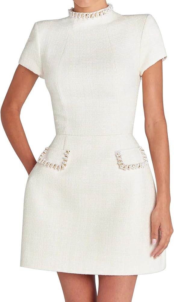 LuFeng Womens Sexy Short Sleeve High Neck Pearls Mini Dress Party Clubwear Club Bodycon Short Dre... | Amazon (US)