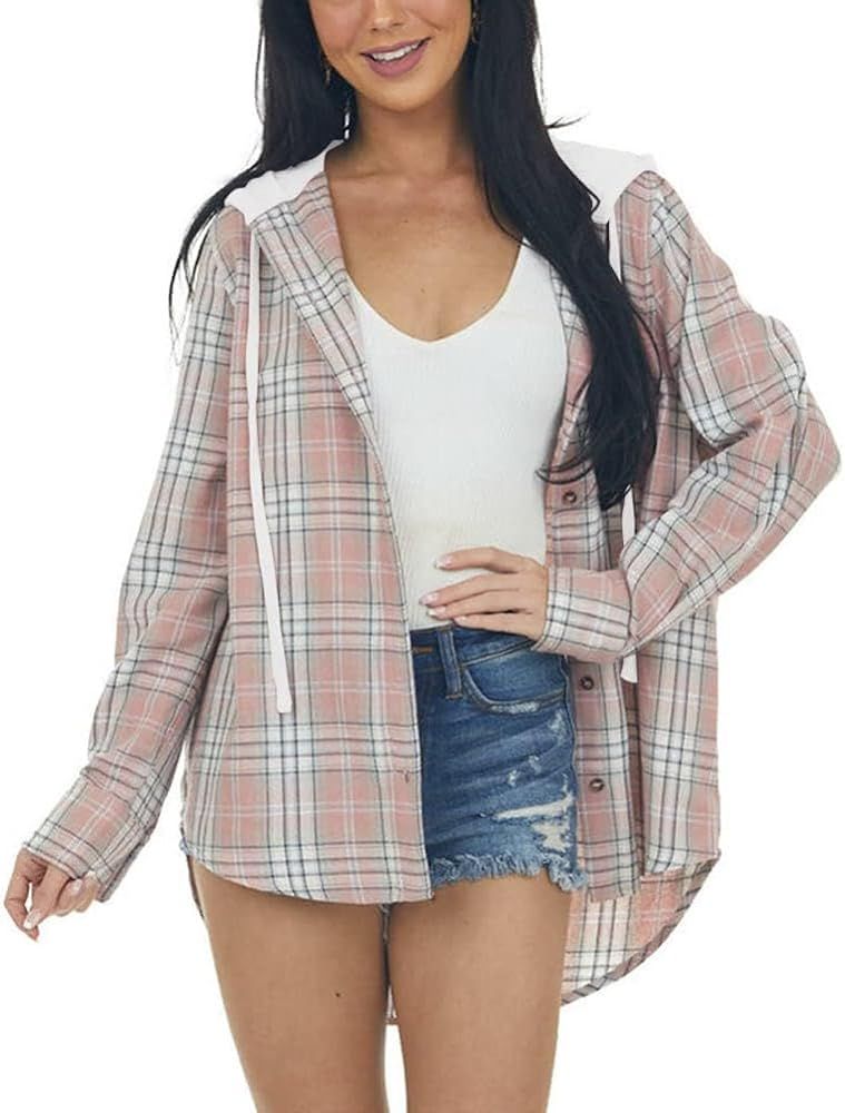 INFITTY Women's Buffalo Plaid Hoodie Long Sleeve Jacket Button Drawstring Casual Fall Shirts with... | Amazon (US)