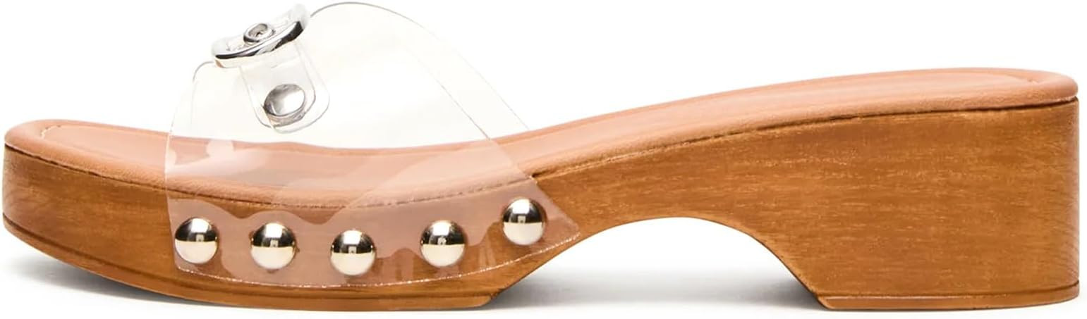 Platform Sandals for Women Studded Open Round Toe Chunky Clogs Mules Slip On Heeled Sandals Buckl... | Amazon (US)