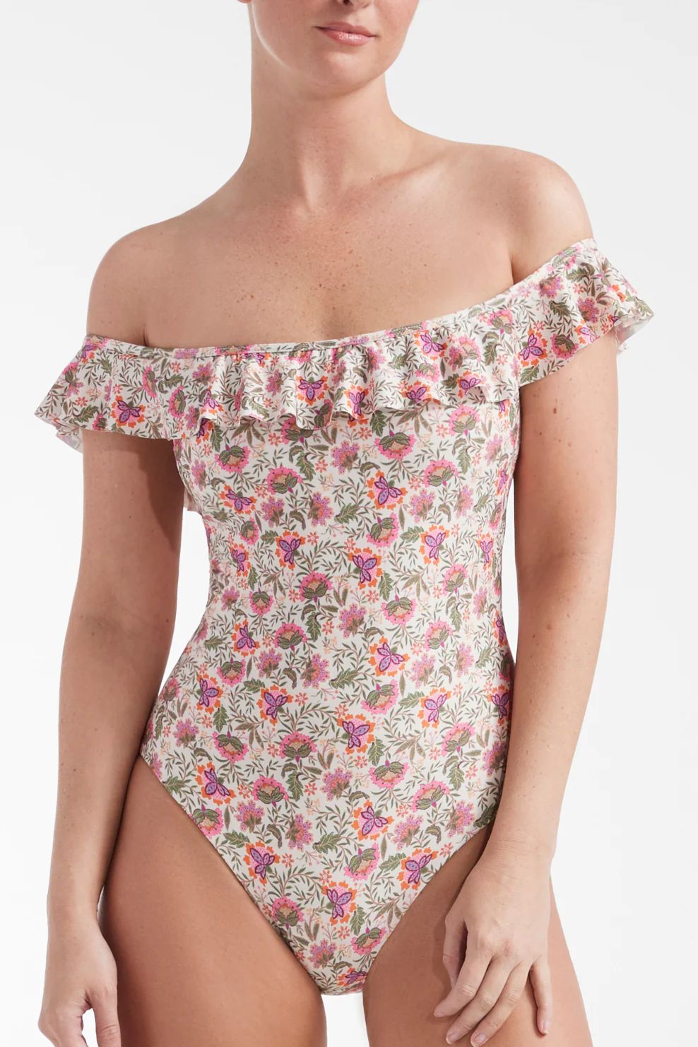 Off the Shoulder One-Piece Swimsuit in A Floral Fling | Hermoza