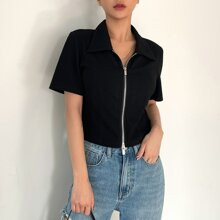 Ribbed Knit Zip Up Tee | SHEIN