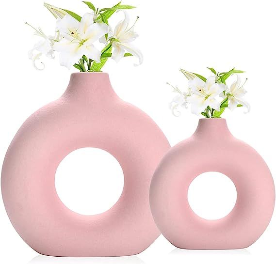 Modern Pink Ceramic Vase Set of 2 for Home Decor Donut Flower Vase for Minimalist Circle vase Nor... | Amazon (US)