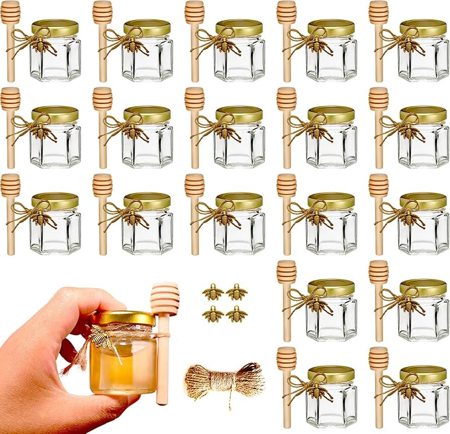 Adabocute 20 Pack Mini Honey Jars - Elegant Glass Honey Pot With Honey Dipper, Gold Lid, Bee Pend... | Amazon (US)