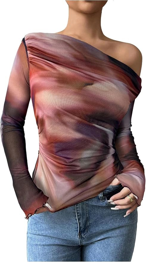 Women's Off Shoulder Tie Dye Mesh T Shirt Long Sleeve Asymmetrical Hem Ruched Fitted Tee Tops | Amazon (US)
