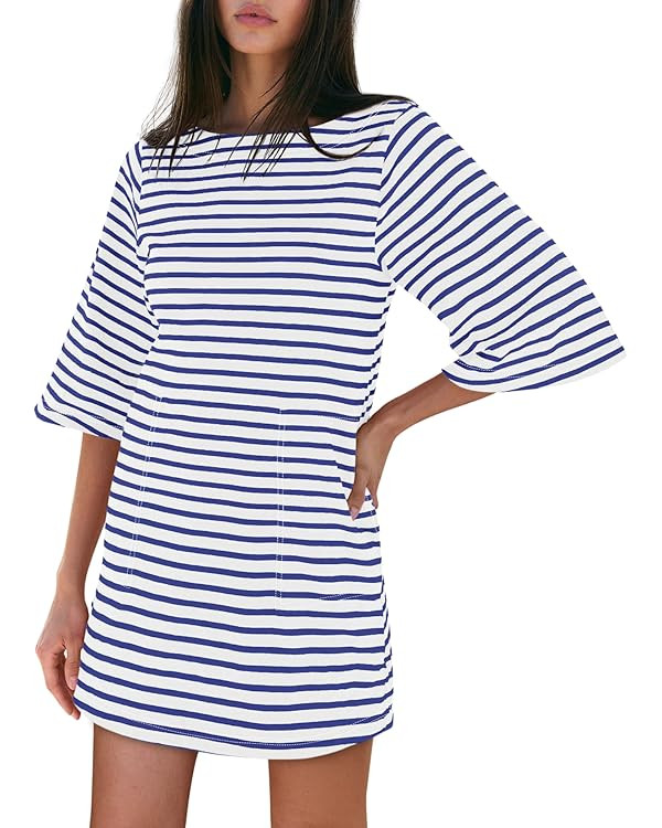 Yousify Women’s T Shirt Dress Cotton Summer Dresses 2025 Casual Loose Short Sleeve Striped Mini... | Amazon (US)