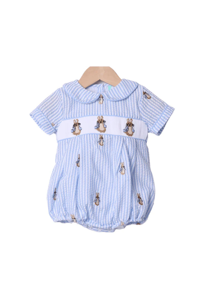 Smocked Peter Rabbit Blue Seersucker Bubble | The Smocked Flamingo