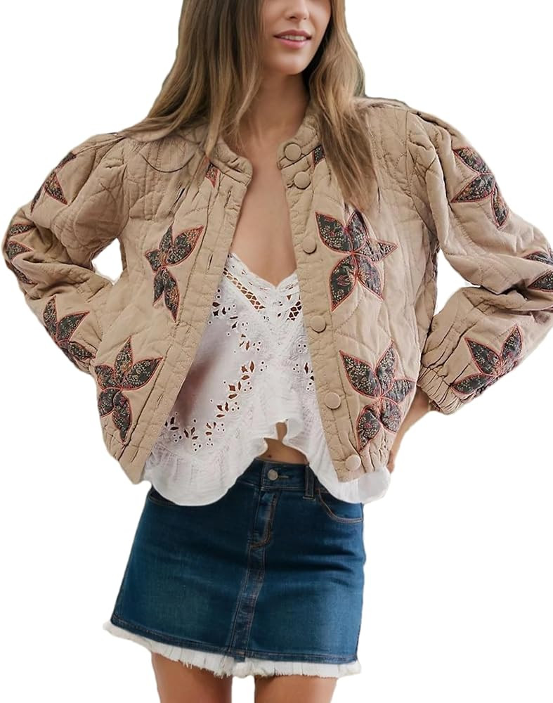 Women's Cropped Floral Quilted Puffer Jackets 3D Printed Lightweight Button Padded Coats with Poc... | Amazon (US)