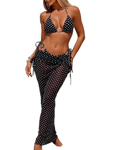 ZAFUL 3 Piece Swimsuits for Women Sexy Triangle Halter Bikini Tie Side Bottoms with Long Mesh Cover Up Skirt (2-Polka dot, M) | Amazon (US)
