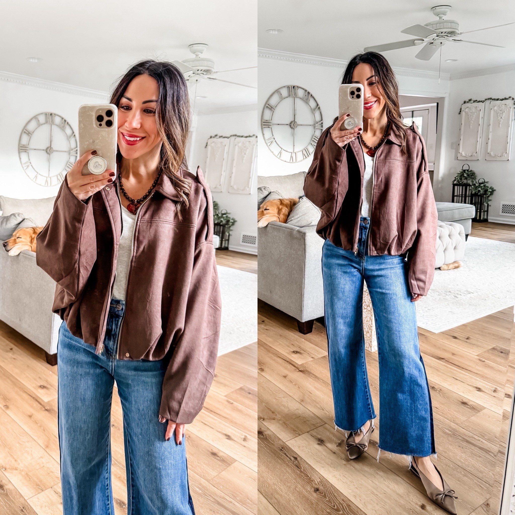 Small suede jacket, tuxedo jeans, 25. Shoes size down.

#LTKFindsUnder100 #LTKFindsUnder50 #LTKSaleAlert