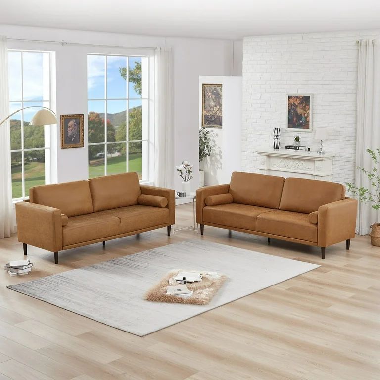 Homfa 3 Seat Sofa, 78.9'' Modern Large Upholstered PU Couch with Square Arm, Camel | Walmart (US)