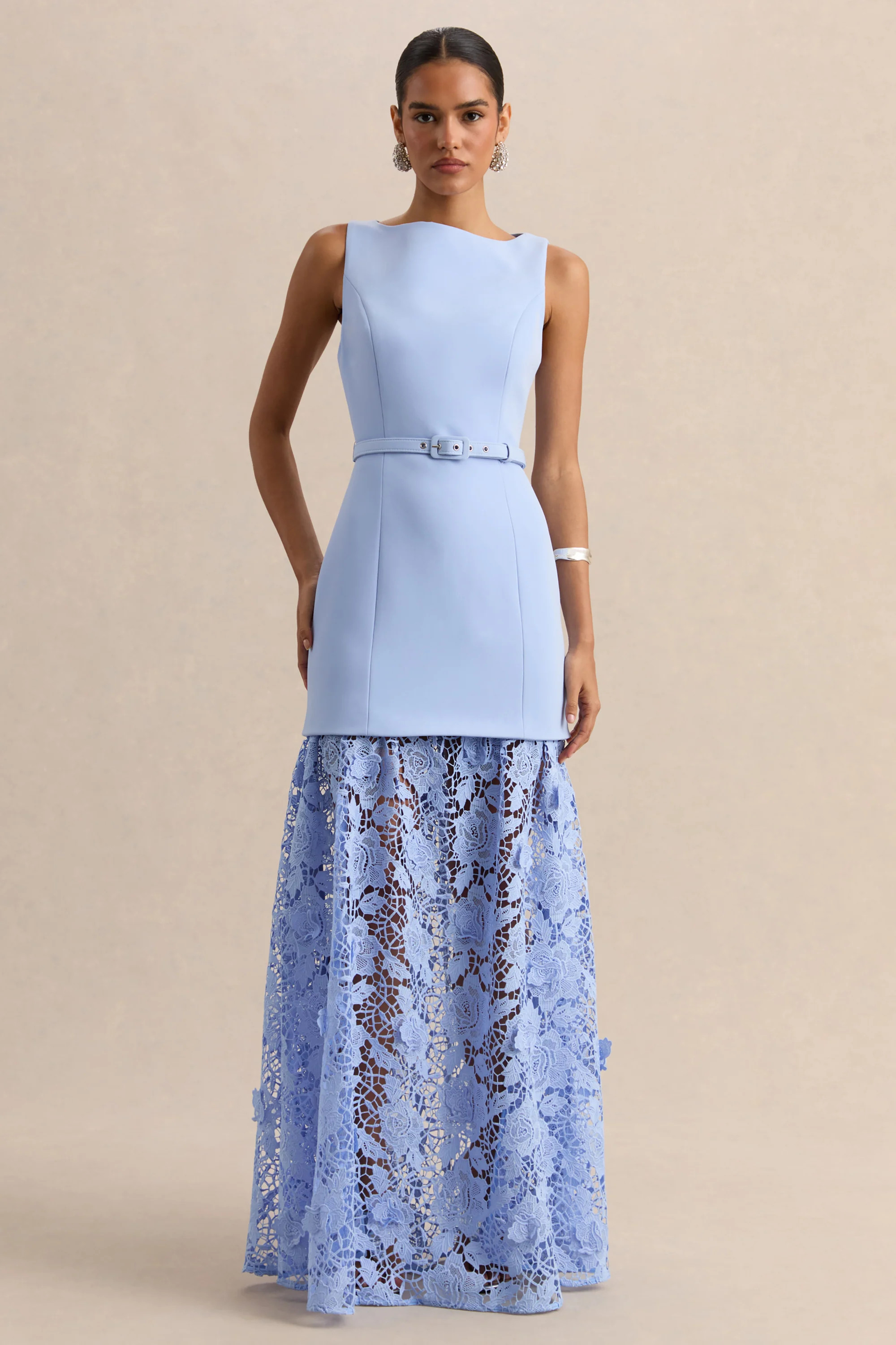 Verena | Powder Blue Boat-Neck Belted Maxi Dress With Lace Skirt | Club L London