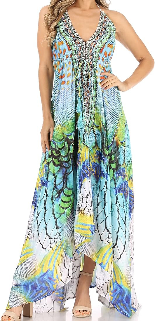 Sakkas Lizi Womens Maxi High-Low Halter Handkerchief Long Dress Beach Party | Amazon (US)