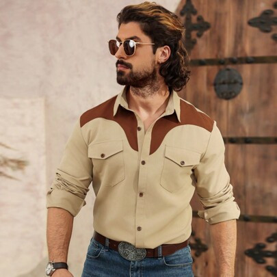 Men's Autumn Color Block Long Sleeve Single-Breasted Cargo Pocket Casual Shirt | SHEIN