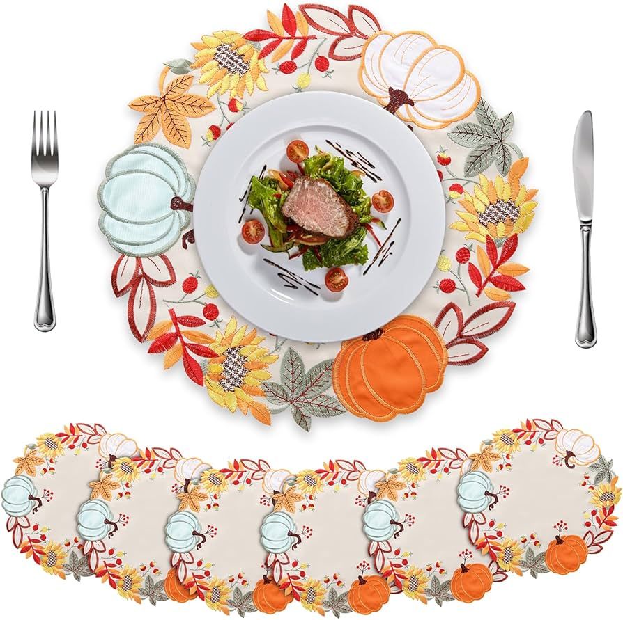 Amazon.com: Fall Placemats Set of 6, TEWENE Embroidered Pumpkins Sunflower Maple Leaves Pine Nuts... | Amazon (US)