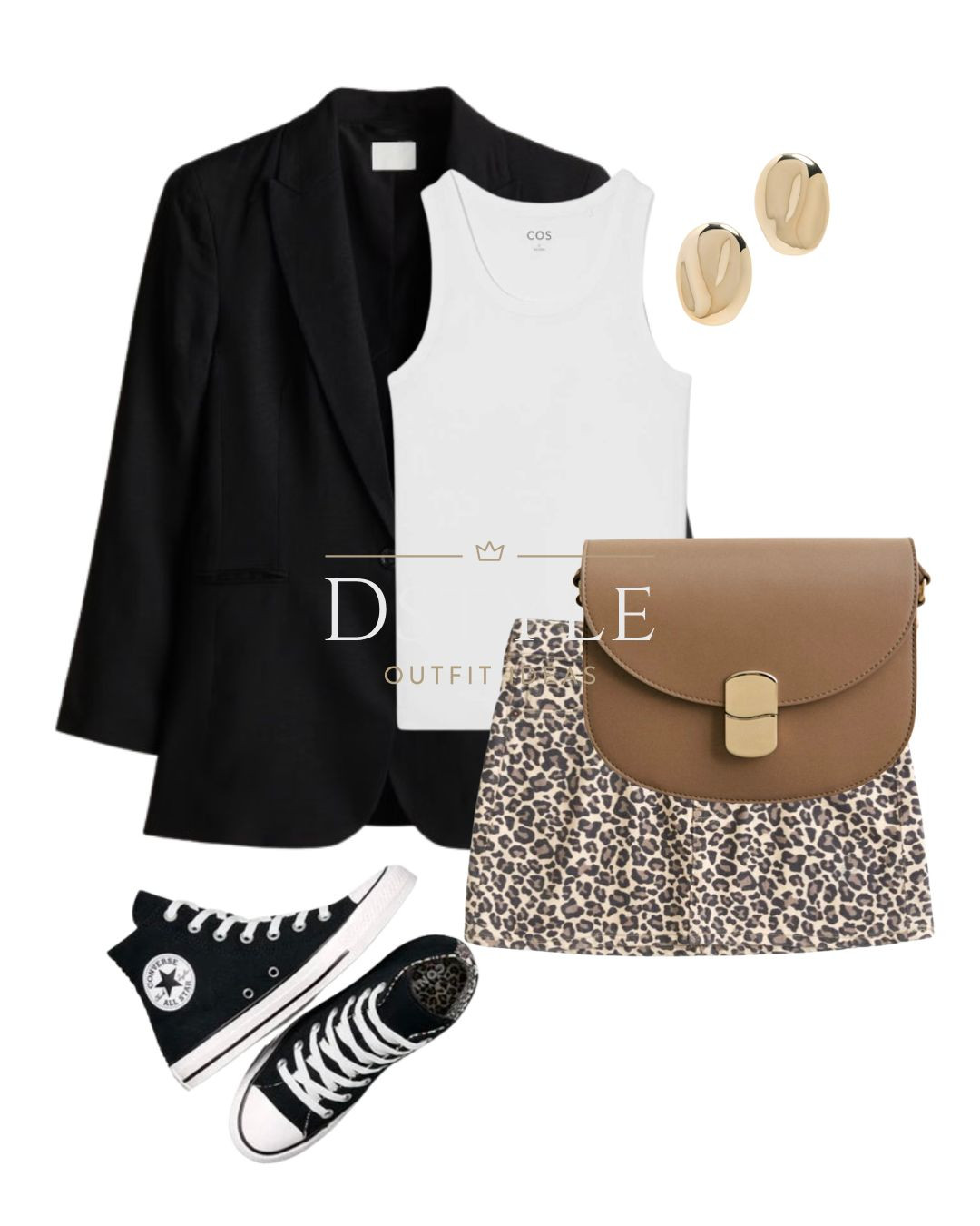 Black linen-blend blazer, white ribbed tank top, mini denim skirt in leopard print, black Converse Chuck Taylor All Star with leopard accent, taupe Sezane bag.
 

#LTKItBag #LTKFindsUnder50 #LTKStyleTip