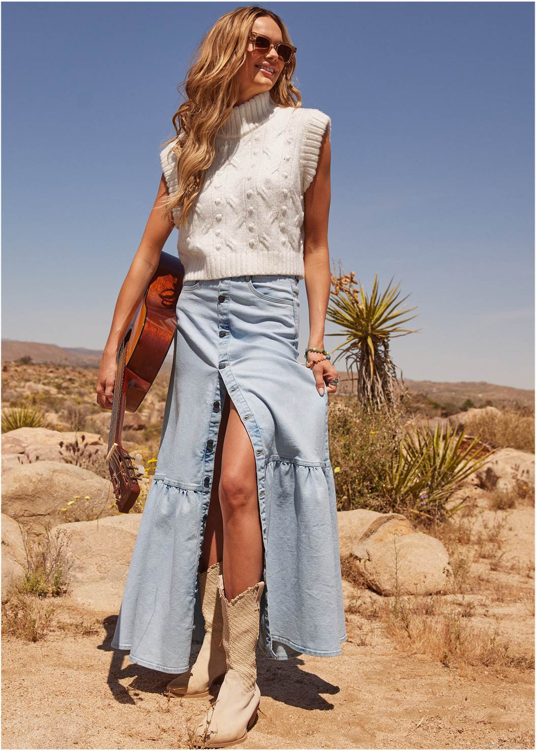 Denim Button Down Flounce Skirt | VENUS
