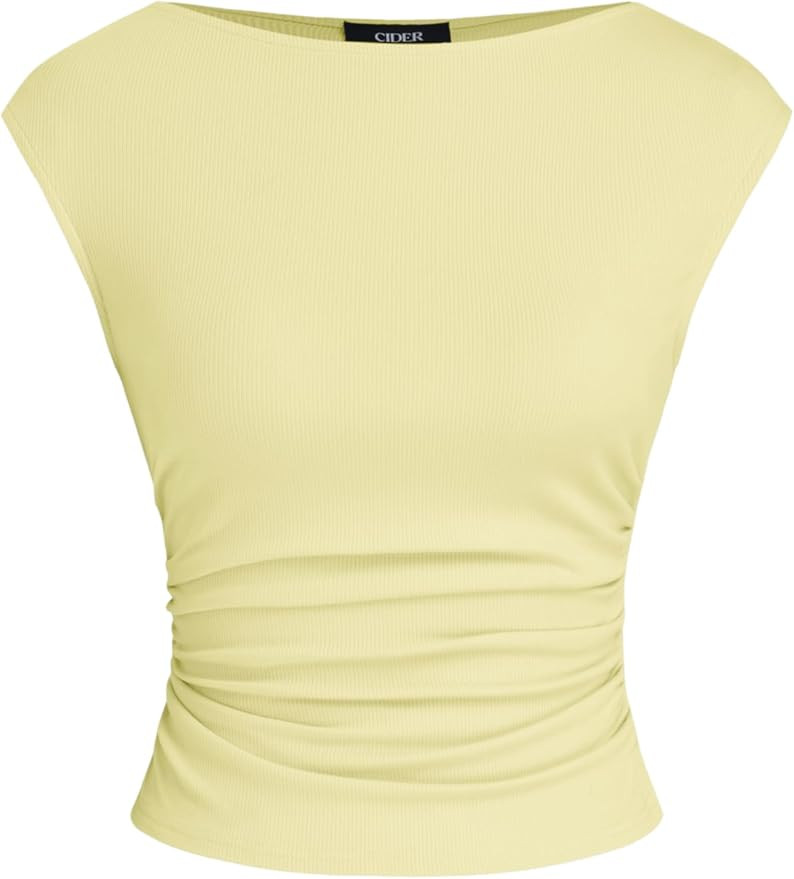 CIDER Women's Ruched Tank Top Boat Neck Sleeveless Top Knit Slim Fit Tank Top | Amazon (US)