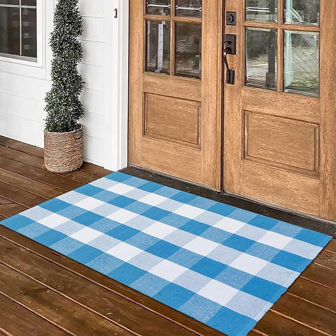 Spring Rugs Blue and White Plaid, 28” x 43” Area Rug Outdoor Indoor Summer Front Porch Doorma... | Amazon (US)