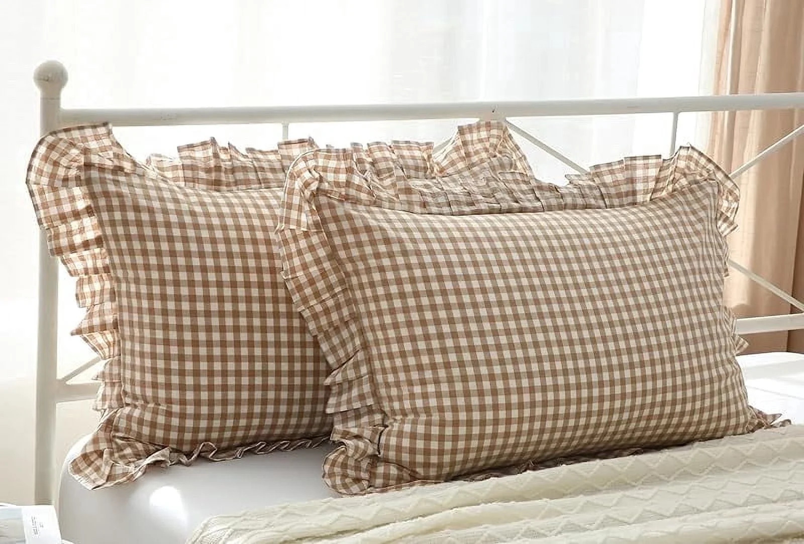 2 Pack Taupe White Plaid Pillow Shams with Ruffles Checkered Pillowcases Gingham Queen Size Pillo... | Walmart (US)