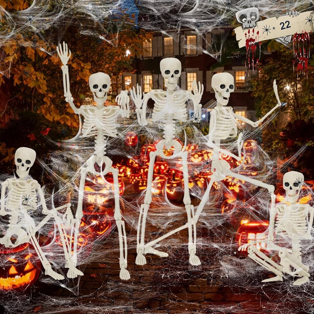 5 Pack Halloween Hanging Skeleton - 16in Full Body Posable Joints Skeleton with 22 Spiders& Cobwe... | Amazon (US)