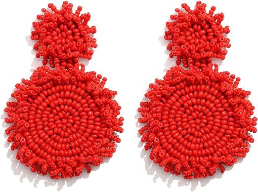 Statement Drop Earrings Double Round Disk Seed Bead Stud Earrings Bohemian Beaded Round Earring F... | Amazon (US)