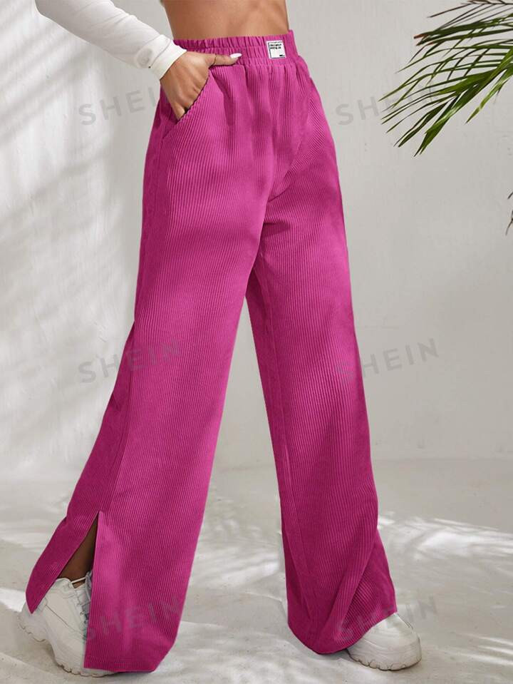 SHEIN EZwear Letter Patched Slit Hem Corduroy Pants | SHEIN