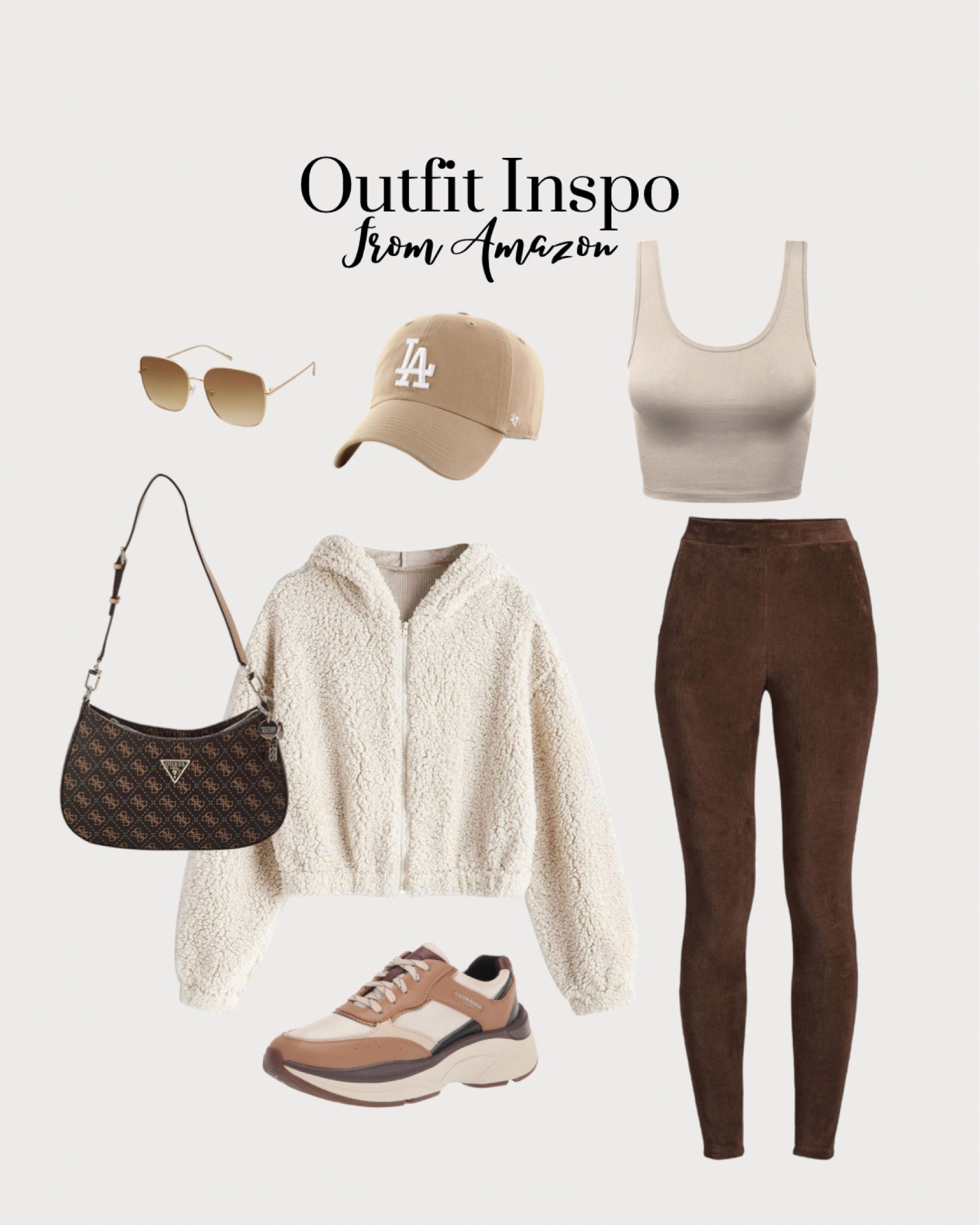 Fall outfit with brown leggings, a cream, top, a Sherpa, jacket sneakers, baseball hat, and brown shoulder bag

#LTKfindsunder50 #LTKstyletip #LTKSeasonal