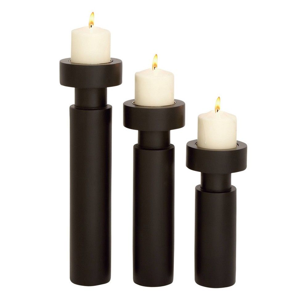 Set of 3 Modern Round Mango Wood Candle Holders Black - Olivia & May | Target