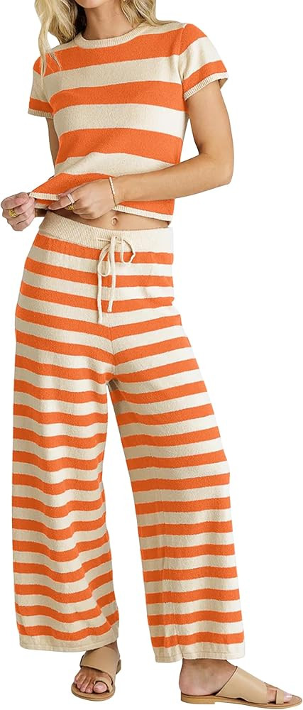 MISSACTIVER Women's Striped Two Piece Sweater Outfits Short Sleeve Pullover Tops and High Waisted... | Amazon (US)